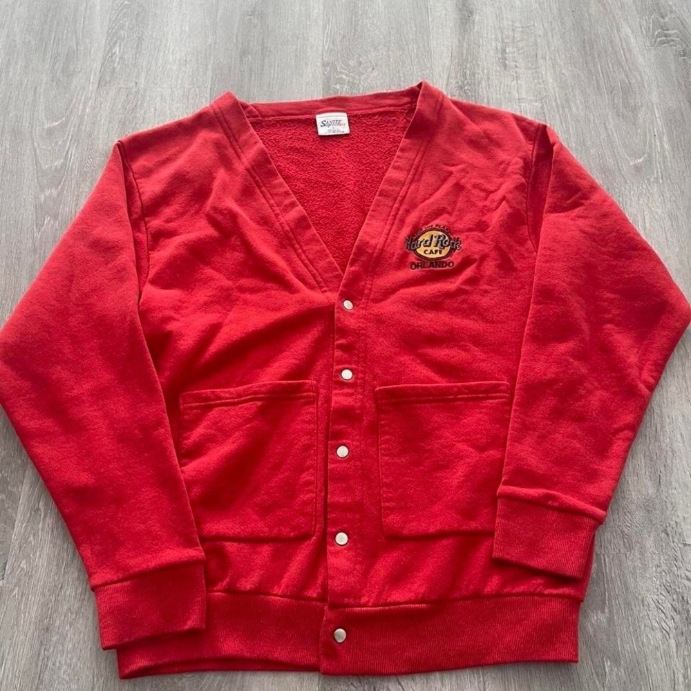 Vintage Hard Rock Cafe Orlando Snap Front Cardigan Sweater Red Large